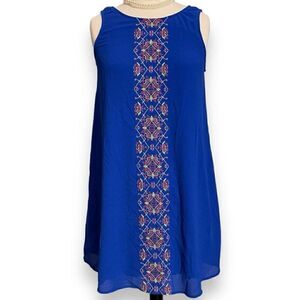 My Michelle Ladies Sleeveless Blue Dress Multi-Color Stitching Details